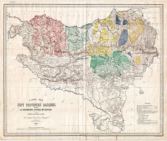 Carte des sept provinces basques (mapa de los dialectos vascos)