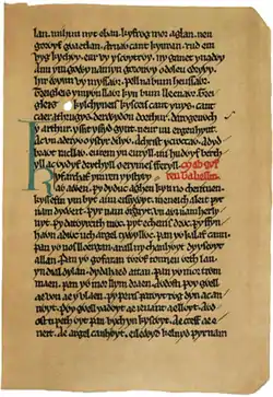 Facsímil de una página del Libro de Taliesin (Folio 13).