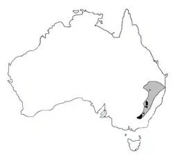 Distribución actual de la rana de Booroolong (en negro) comparada con la histórica (en gris).