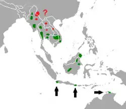 Distribución geográfica de B. javanicus en 2010verde: presenterojo: posible rango de presencia