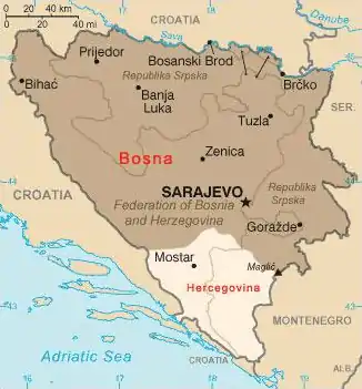 Límites aproximados entre Bosnia (oscuro) y Herzegovina (claro).