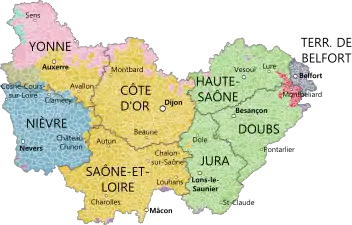 La nueva región de Borgoña-Franco-Condado (2016), con sus ocho departamentos, coloreados según las provincias históricas que existieron hasta 1790 (Borgoña, en ocre, Franche-Comté, en verde, y Nivernés, en azul)