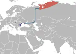 alt=Mapa de distribución de Branta ruficollis.
* Rojo - cría
* Verde oscuro - migración
* Morado - invierno