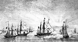 Gravura retratando vários navios de guerra à vela, um dos quais parece estar disparando suas armas, com inúmeras outras embarcações à vela no fundo.