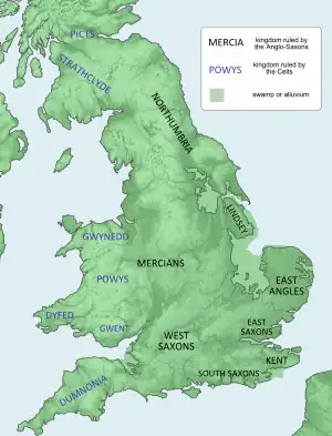 Map of the island of Great Britain. At the far north are the Picts, then below them Strathclyde and Northumbria. In the middle western section are Gwynedd, Powys, Dyfedd, and Gwent. Along the southern shore are Dumnonia, the West and South Saxons, and Kent, running from west to east. In the center of the island is Mercia. Along the eastern central coast are the East Angles and Lindsey.