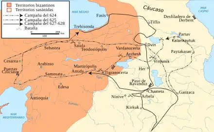 This map shows the approximate campaign paths of Heraclius in 624, 625, and 627–628