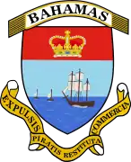 Emblema de las Bahamas (1964) con el lema Expulsis Piratis – Restituta Commercia (Piratas Expulsados - Comercio Restaurado)