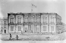 Cabildo de Montevideo, acuarela de Aimé Aulbourg y Víctor Rabu (1858).