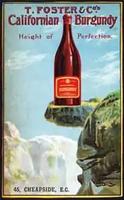 Burgundy californiano, póster de 1906 de los comerciantes de vino de Londres mostrando una botella de lacier Point, Yosemite.