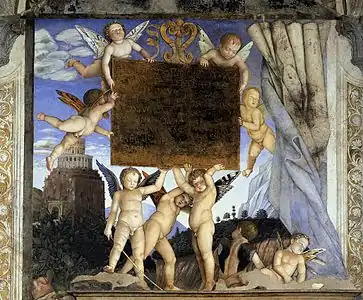 Putti sosteniendo la placa de dedicación en la Cámara de los esposos