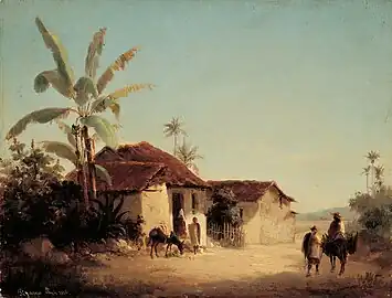 Paisaje tropical con casas rurales y palmeras (1853)