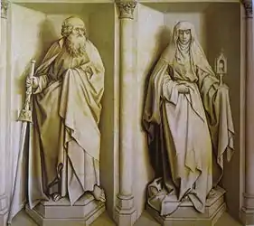 Santos Santiago y Clara (1427), Robert Campin, Prado. Reverso de los Desposorios.