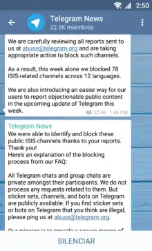 Canal oficial de Telegram desde el cliente para Android.