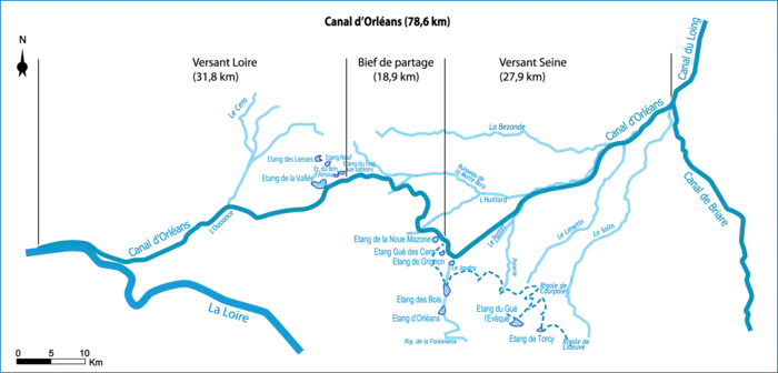 Schéma représentant, en bleu sur fond blanc, le tracé du canal d’Orléans et les différents étangs et principales rigoles qui l’alimentent. Ces éléments sont décrits textuellement dans l’article détaillé sur l’alimentation en eau du canal d’Orléans.