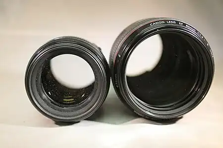 Los objetivos de distancia focal fija suelen tener mayor apertura que los objetivos zoom. Estos objetivos de 85mm tienen una apertura máxima de f/1.8 (izq) y f/1.2 (der).