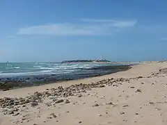 Vista parcial de la playa de Los Caños de Meca con el cabo al fondo.