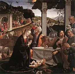 Domenico Ghirlandaio, 1485, pintado para la Capilla Sassetti de la iglesia de la Santa Trinidad de Florencia. Se refleja la influencia que tuvo en Italia la llegada del Tríptico Portinari.