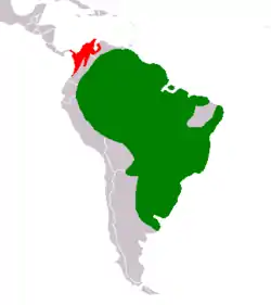 Distribución de las especies vivientes de este género. En verde H. hydrochaeris, en rojo: H. isthmius.