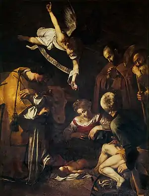 Nativity with St. Francis and St. Lawrence, Caravaggio, 1609. 268 cm × 197 cm (106 in × 78 in)