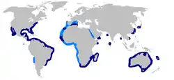 Registro de tiburones areneros confirmado (azul oscuro) y supuesto (azul claro)