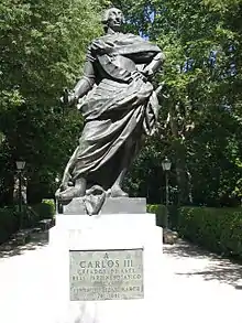 Estatua de Carlos III (Jardín Botánico de Madrid, la original en la plaza Mayor de Burgos), modelado de Alfonso Bergaz y fundición de Domingo Urquiza, 1784.