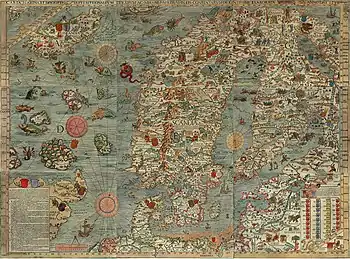 Carelia en la parte nororiental de la Carta Marina de Olaus Magnus (1539)