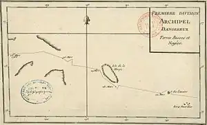 Carta de navegación con parte de la ruta de Bougainville por Tuamotu, (1768), similar en este tramo a la que hizo Cook. Aparecen los atolones de Vahitahi (Les 4 Facardins), Akiaki (l'île des Lanciers) y Hao (l'île de la Harpe). Biblioteca Nacional de Francia.