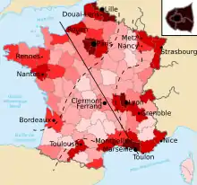 Mapa sintético del reparto de población en Francia. Se indican las densidades de población por departamento, las 18 áreas urbanas de más de 400.000 habitantes, la línea Le Havre-Marsella y los límetes aproximados de la «Diagonal del Vacío».