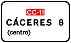 Cartel de la CC-11, colocado en dirección Cáceres después del enlace con la A-66.