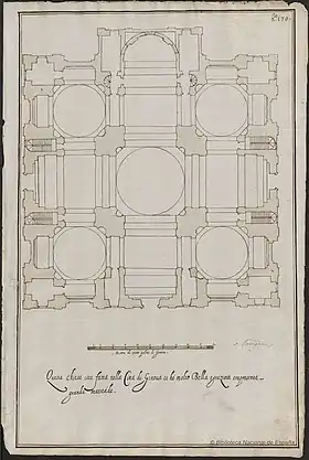 Planta de Santa Maria di Carignano, dibujo a pluma, tinta y aguada parda sobre papel verjurado. 1565. Álbum de fra Giovanni Vincenzo Casale. Biblioteca Nacional de España.