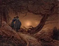 Dos hombres contemplando la luna (Zwei Männer in Betrachtung des Mondes), 1819, 35 cm × 44 cm, óleo sobre lienzo, Dresde, Gemäldegalerie