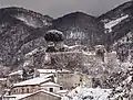 El castillo y el casco antiguo nevados.