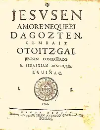 Publicación piadosa en vascuence del jesuita Sebastián Mendiburu (1760)