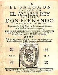 Sermón fúnebre de las exequias de "Don Fernando VI de Castilla y II de Navarra" editado por el Ayuntamiento de Pamplona (1759)