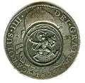 Anverso de moneda de 8 reales (plata) de Carlos IV de 1803 con resello de Ceilán.