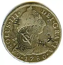 Anverso de moneda de 8 reales (plata) de Carlos III de 1780 con resello de Ceilán.