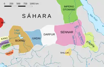 Bornu y los Estados orientales del Sahel hacia 1750.