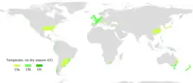 Localización de los climas templados húmedos en el mundo.