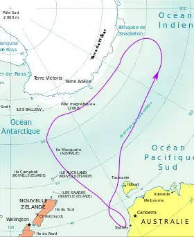 Mapa de la ruta de la Expedición Antártica de los Estados Unidos