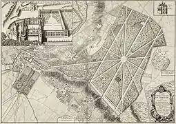 Planta del château y de los jardines en 1748 por Le Tellier.