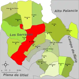 Localización de Chelva respecto a la comarca de Los Serranos