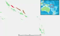 El rojo denota la paloma perdiz de Choiseul, el área de distribución confirmada de la especie, mientras que el marrón denota Santa Isabel y Malaita, que tenían informes no confirmados.