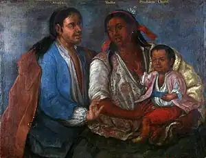 Nº 16. Mestizo con Yndia. Producen Cholo. Atribuida a Cristóbal Lozano y taller, 1771-1776. Museo Nacional de Antropología (Madrid).