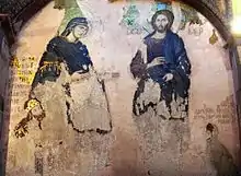 Mosaico denominado "de la Deesis" en el nártex de San Salvador en Cora (bajo María se representa a Isaac I Comneno, hijo de Alejo I Comneno, y bajo Cristo a María Paleóloga, hija de Miguel VIII Paleólogo.