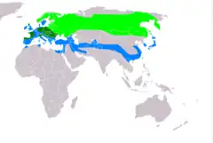 alt=Distribución del aguilucho pálido
     área de incubación
     área de ocupación sedentaria
     área de invernada