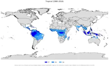 alt=Localización de los climas tropicales por subtipos según la clasificación Köppen-Geiger:
     Af—Clima tropical de selva o ecuatorial.
     Am—Clima tropical monzónico.
     Aw / As—Clima tropical de sabana.