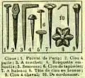 Tacha definida como clavo de tapicería (6) y sus símiles: broqueta embutida (4), cabeza de clavo decorativa de bronce (8). Diccionario francés Larousse universel de 1922.