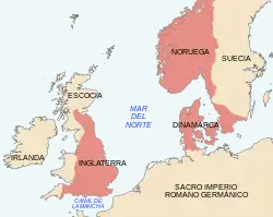 A map of north-western Europe in which Cnut's dominions are depicted in red; there is red over what is now England, Denmark and Norway, the Lothian and Borders region of modern Scotland, as well as a substantial amount of modern Sweden