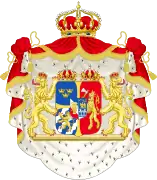 Escudo de laUnión personal de Suecia y Noruega(1844-1905)Armas de Suecia y Casa de Bjälbo, Noruega (segunda partición),  Casa de Bjälbo. En escusón: Casa de Vasa y Casa de Bernadotte.