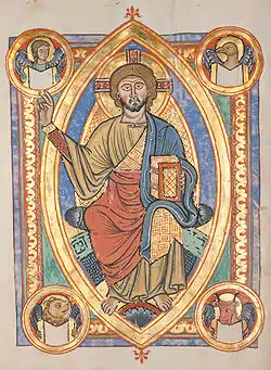 Representación convencional en el Románico del Pantocrátor (Cristo como "el que todo lo gobierna") rodeado del Tetramorfos ("las cuatro formas" o alegorías de los Evangelistas). Evangelario de Spira, ca. 1220.